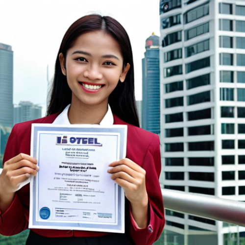 Home 4 **
A confident young professional in Malaysia stands in front of a modern office building, holding an IELTS or TOEFL certificate. The Kuala Lumpur skyline is visible in the background. She is smiling and dressed in business attire. The image should convey a sense of accomplishment and opportunity.
**