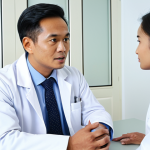 A professional Malaysian male doctor, wearing a clean white lab coat and professional dress, attentively listens to a female Malaysian patient. The patient, dressed in modest and appropriate attire, calmly explains her symptoms. They are seated at a desk in a modern, brightly lit hospital consultation room, emphasizing clear communication and mutual understanding. Professional photography, high resolution, realistic, natural lighting. Safe for work, appropriate content, fully clothed, professional, perfect anatomy, correct proportions, natural pose, well-formed hands, proper finger count, natural body proportions.