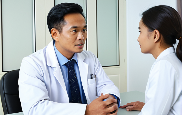 A professional Malaysian male doctor, wearing a clean white lab coat and professional dress, attentively listens to a female Malaysian patient. The patient, dressed in modest and appropriate attire, calmly explains her symptoms. They are seated at a desk in a modern, brightly lit hospital consultation room, emphasizing clear communication and mutual understanding. Professional photography, high resolution, realistic, natural lighting. Safe for work, appropriate content, fully clothed, professional, perfect anatomy, correct proportions, natural pose, well-formed hands, proper finger count, natural body proportions.