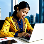 **

A Malaysian businesswoman in a modern batik kebaya, working on a laptop at a desk in a brightly lit office in Kuala Lumpur, Petronas Twin Towers visible in the background, fully clothed, appropriate attire, safe for work, perfect anatomy, natural proportions, professional photography, high quality, family-friendly.

**