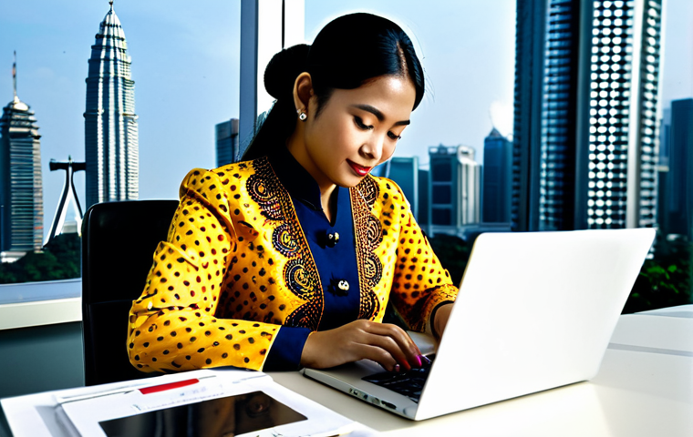 **

A Malaysian businesswoman in a modern batik kebaya, working on a laptop at a desk in a brightly lit office in Kuala Lumpur, Petronas Twin Towers visible in the background, fully clothed, appropriate attire, safe for work, perfect anatomy, natural proportions, professional photography, high quality, family-friendly.

**